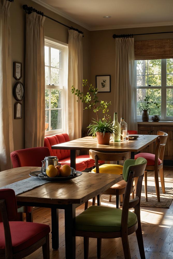 Bunte Sitzkissen auf Küchenstühlen hell und einladend