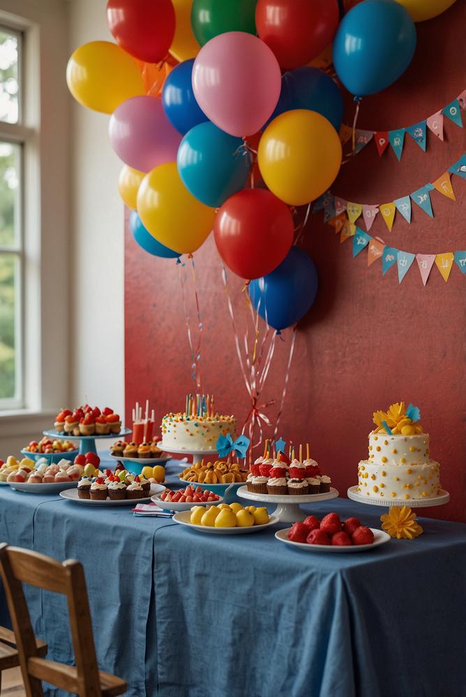 Bunte Tischdeko für Kindergeburtstagsbuffet in hellem Raum