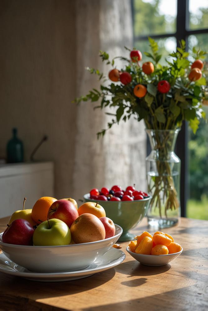 Bunte Tischdeko mit frischem saisonalem Obst