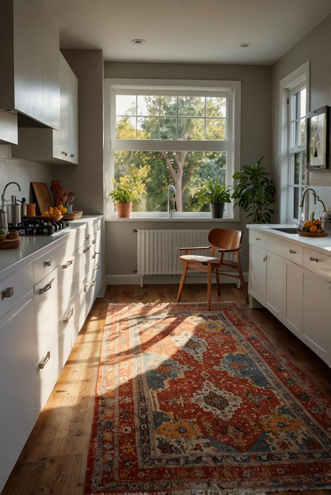 Bunter Teppich in moderner, lichtdurchfluteter Küche