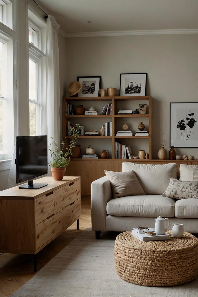 Helles Zimmer mit cleveren Stauraumlösungen und moderner Einrichtung