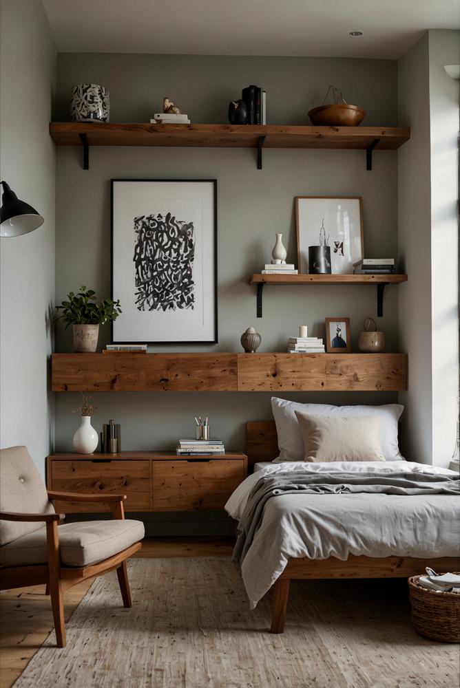 Hell eingerichtetes Schlafzimmer mit Stauraumlösungen