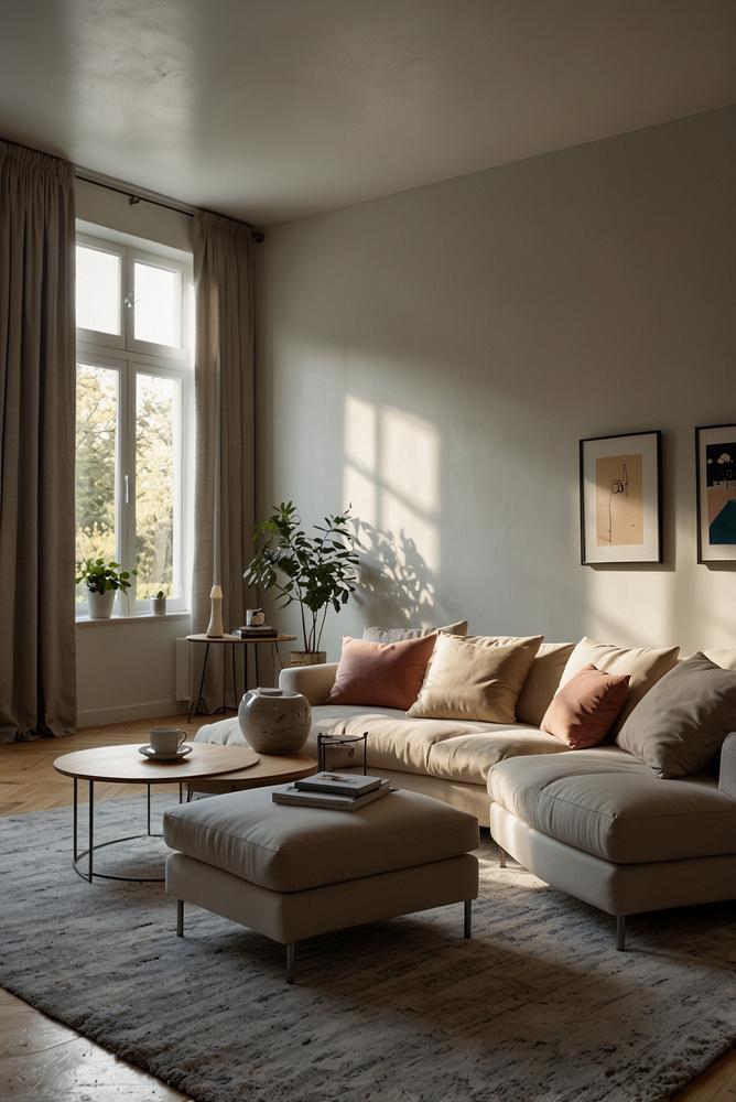 Kleiner Raum mit cleverem Sofa-Layout und viel Tageslicht