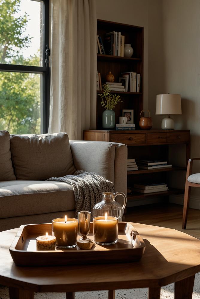 Hell eingerichteter Couchtisch mit Büchern und Kerzen