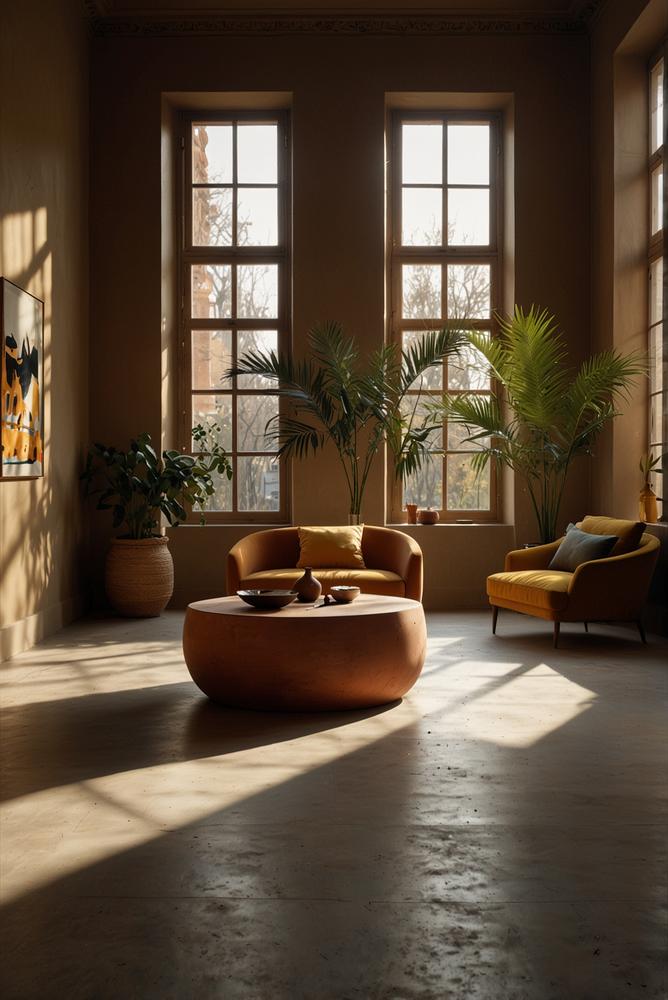 Heller Raum mit harmonischer Deko-Farbpalette und moderner Einrichtung