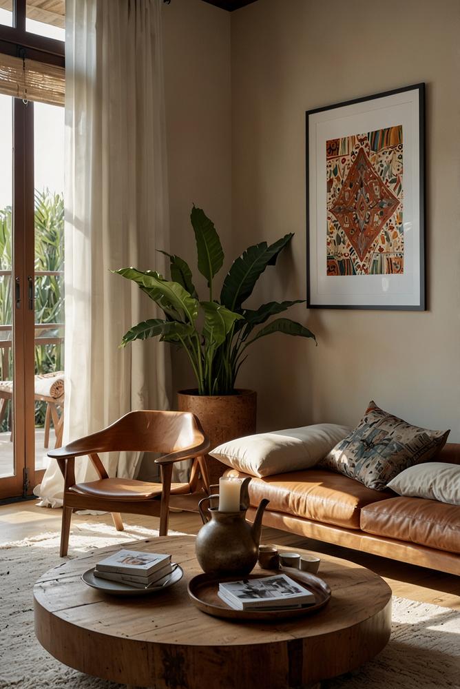 Helles Wohnzimmer mit Reise-Deko und Sonnenschein