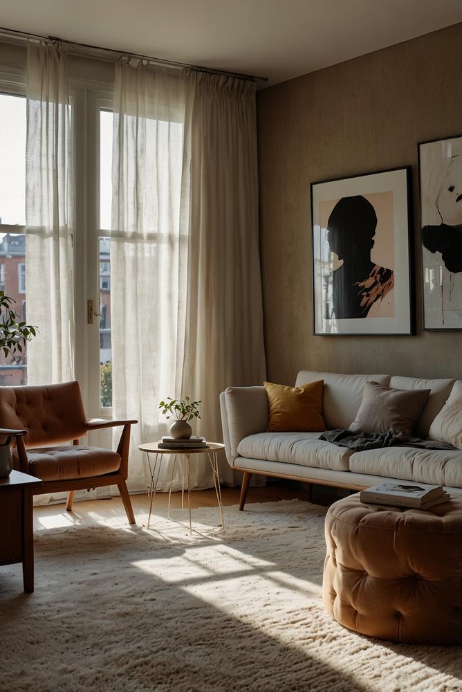 helles Wohnzimmer mit verschiedenen Materialien und Texturen