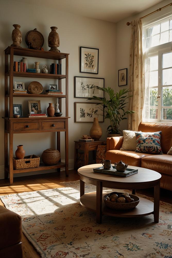 Helles Wohnzimmer mit Reisedeko und Erinnerungsstücken