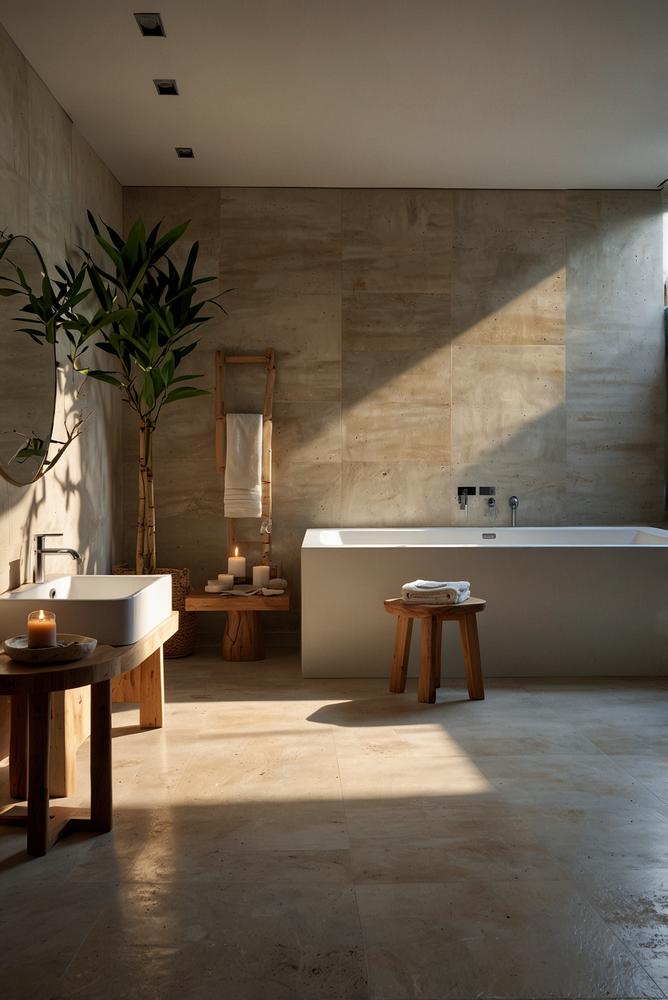 Helles Badezimmer mit minimalistischer Deko und Spa-Atmosphäre