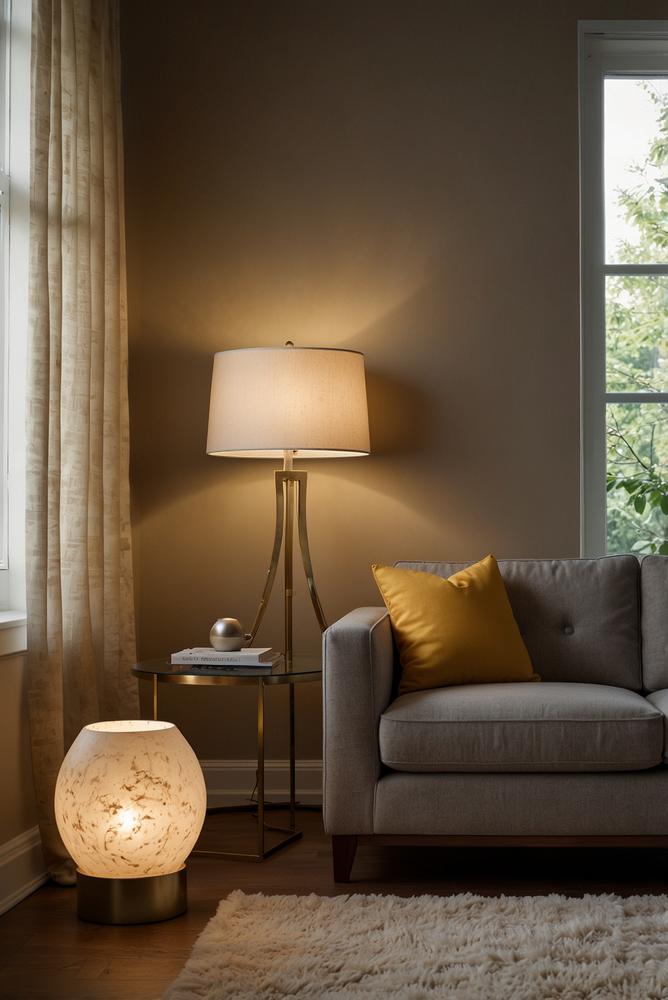 Helles Wohnzimmer mit dimmbarer Beleuchtung und Sonnenlicht