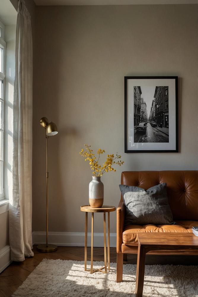 Helle DIY-Galerieleiste mit wechselnden Kunstwerken im modernen Raum