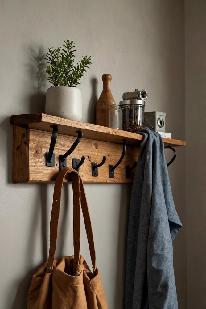 Heller Flur mit DIY-Holz-Kleiderhaken an Wand