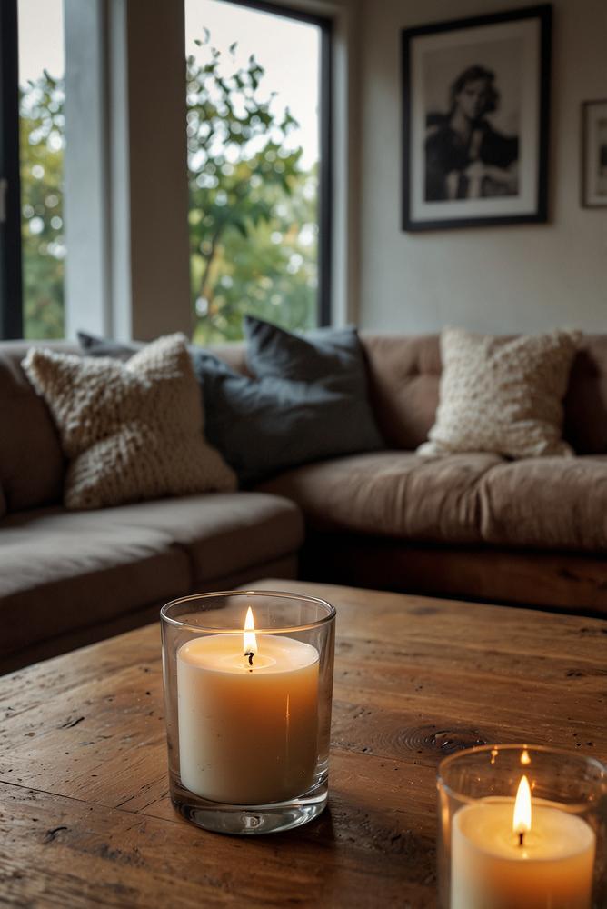 Sonnenlicht auf duftenden Kerzen in gemütlichem Wohnzimmer