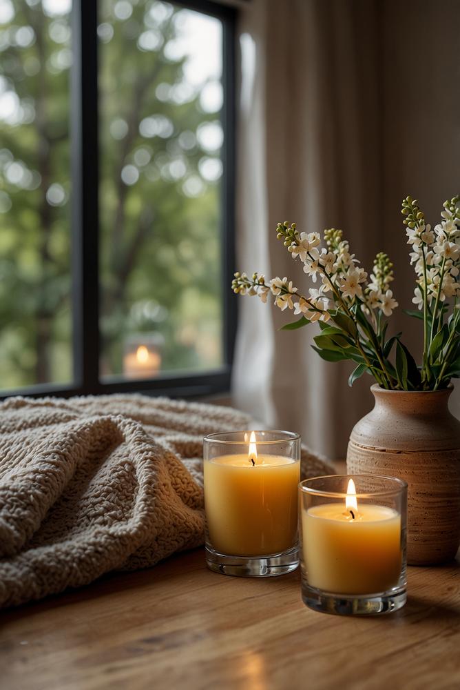 Helles Wohnzimmer mit Duftkerzen und Raumdüften