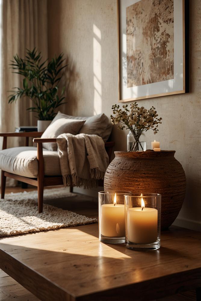 Helle Duftstation mit Diffuser und Raumkerzen im modernen Wohnraum