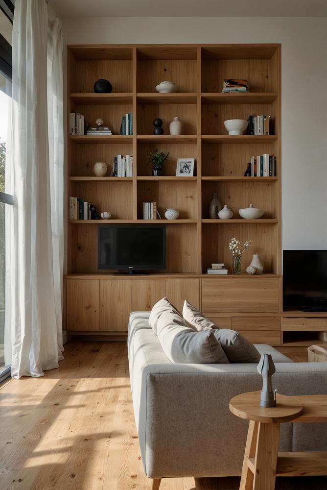 Eichen-Regal als natürliche warme Deko im modernen Raum