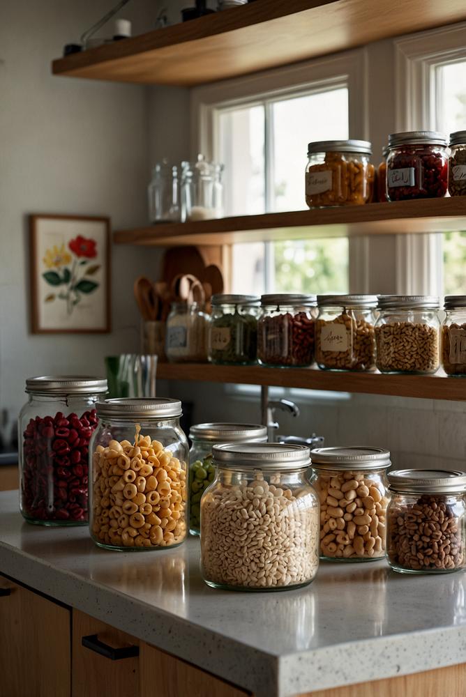 Einheitliche Glasbehälter auf heller Küchenarbeitsfläche