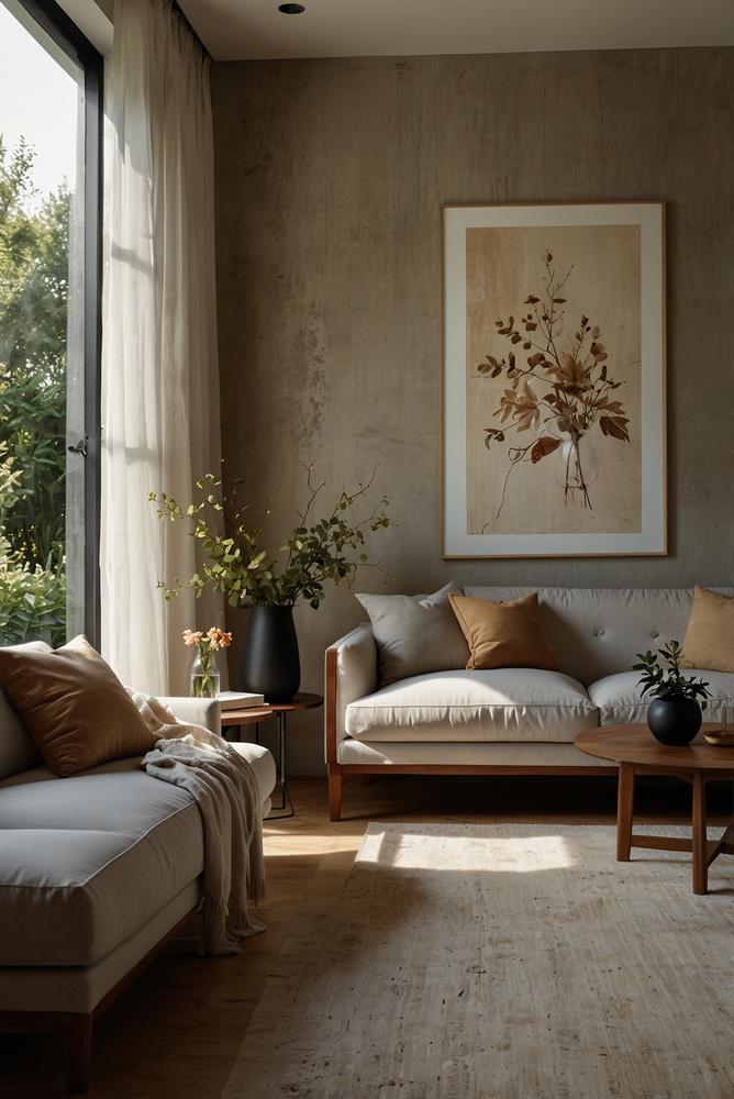 Stilvoll eingerichteter heller Raum mit einheitlicher Materialpalette