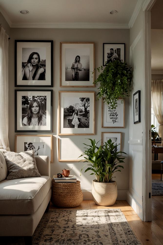 Helle und einladende persönliche Fotowand im Wohnzimmer