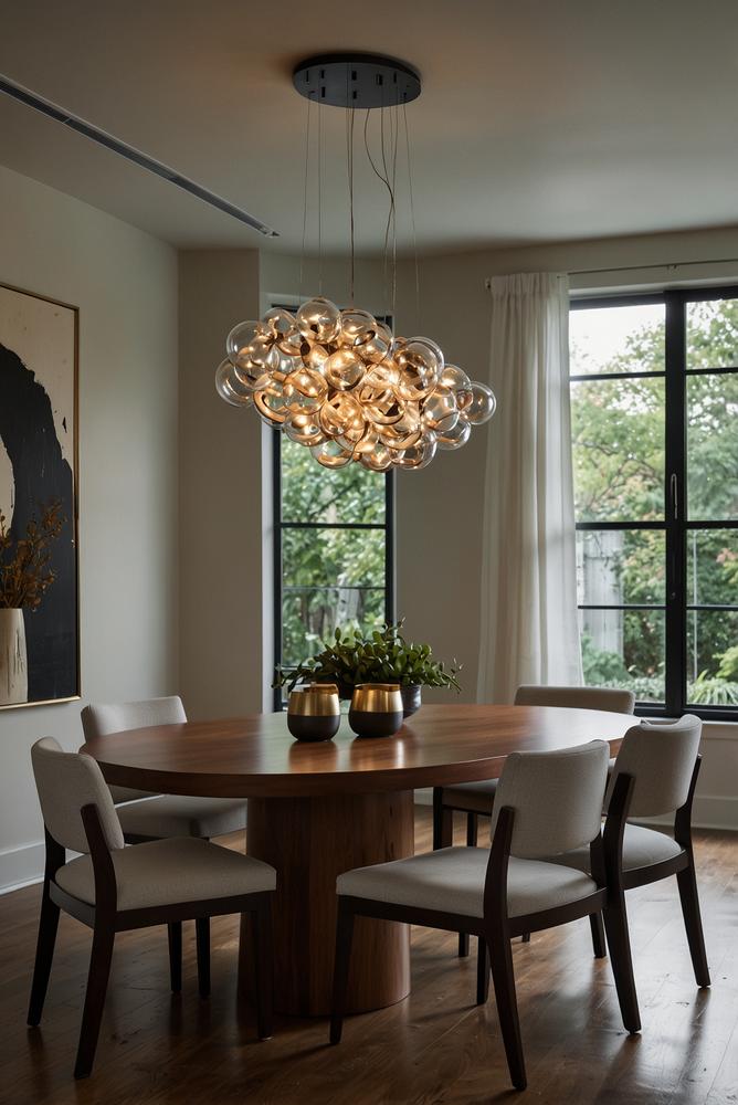 Skulpturale Designer-Leuchte über Esstisch hell und modern