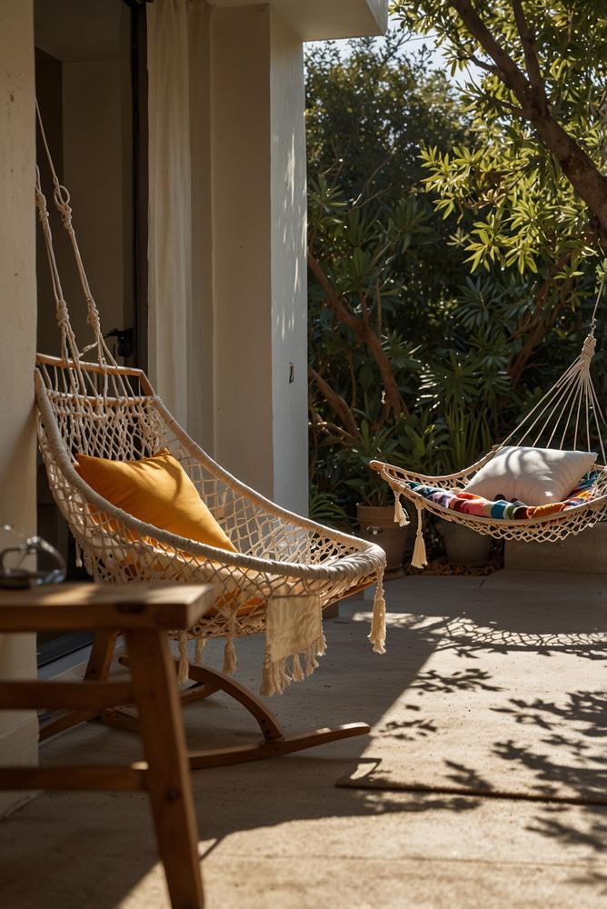 Hängematte und Schaukelstuhl auf hellem Balkon