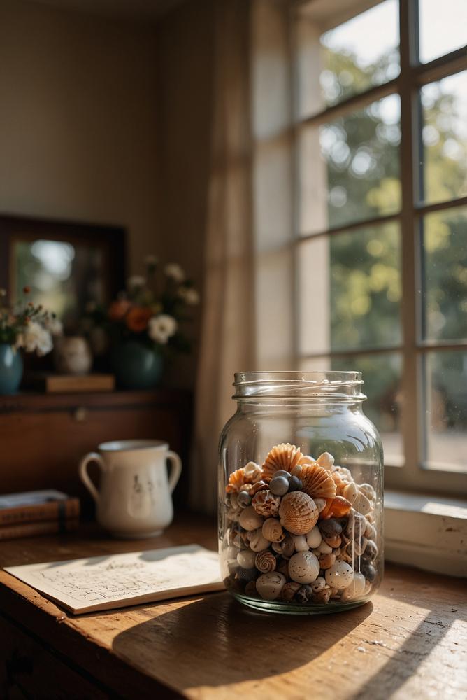Erinnerungs-Gläser mit Fundstücken und Notizen im hellen Raum