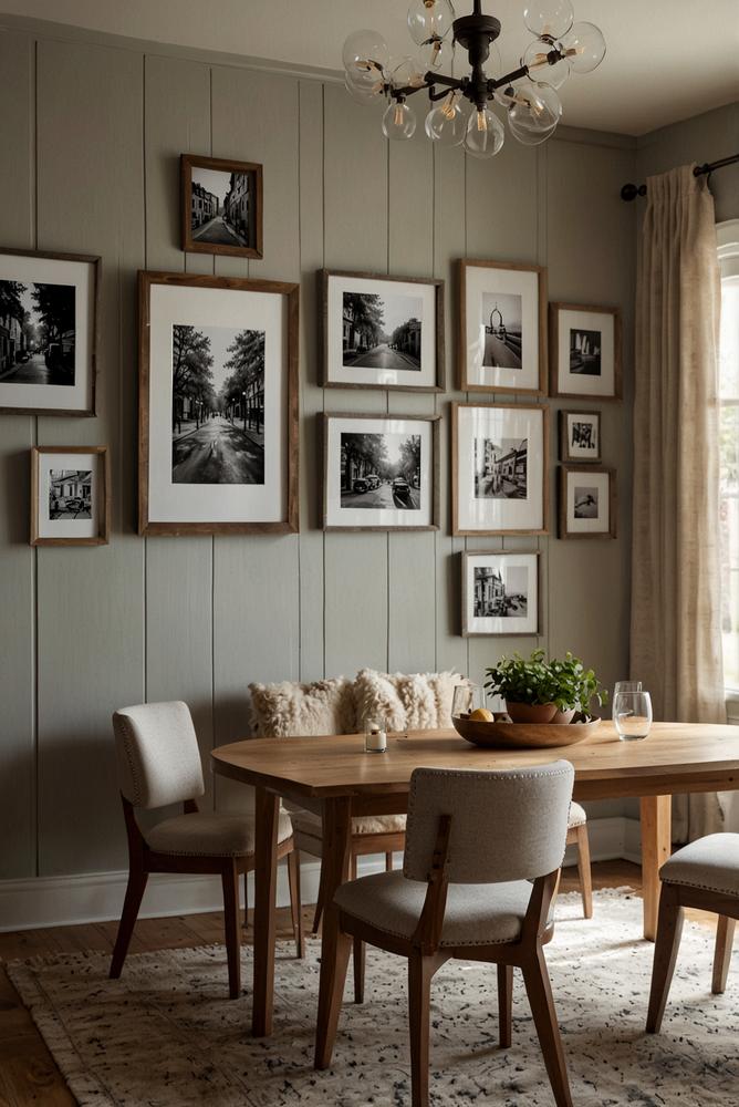 Essbereich mit Bilderwand aus Familienfotos, gemütlich und hell