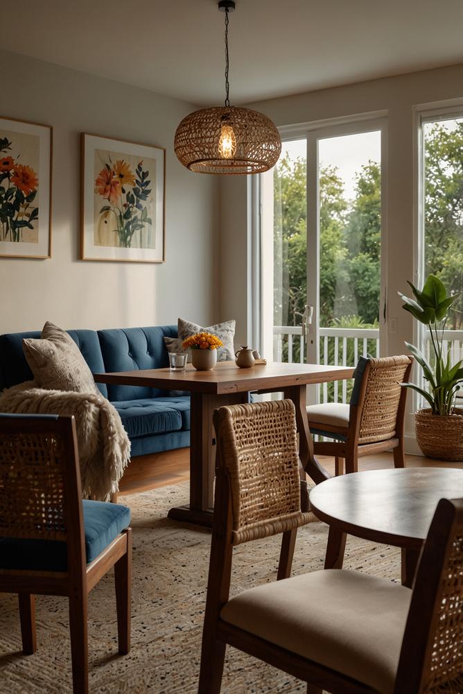 Heller Essbereich mit dekorativen Kissen auf Stühlen und Bank