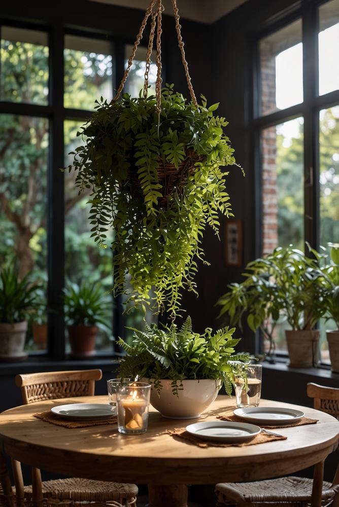 Essbereich mit hängenden Pflanzen und warmem Licht
