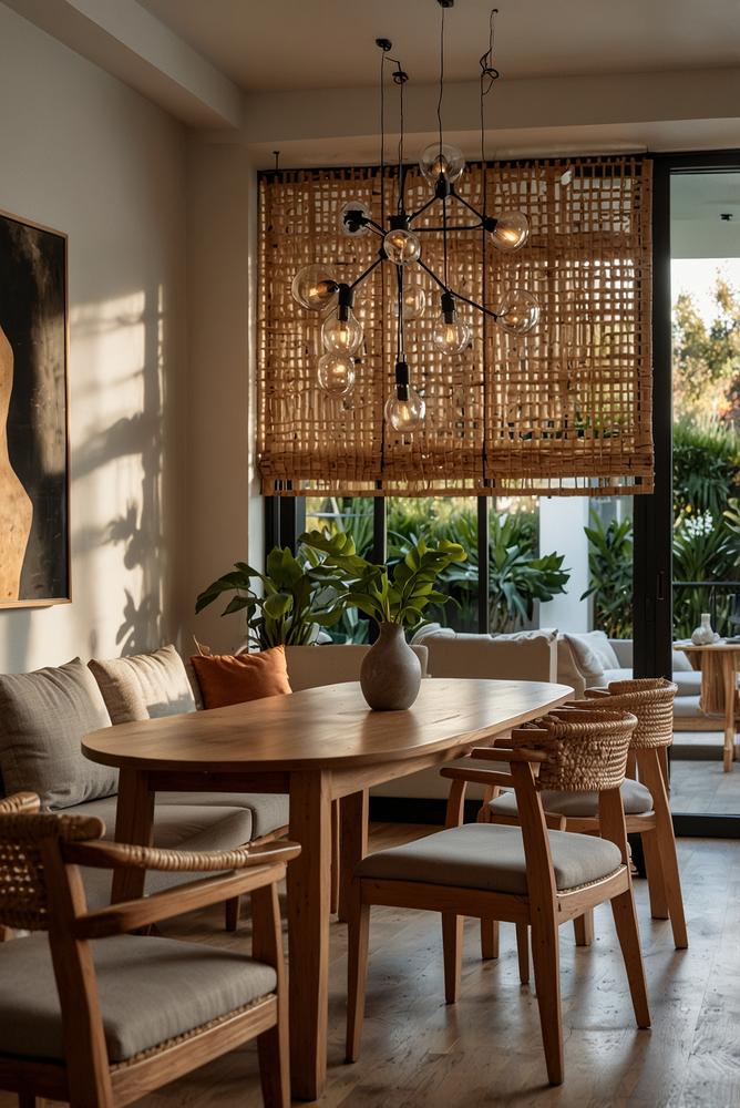 Heller Essbereich mit Raumteiler und Sideboard