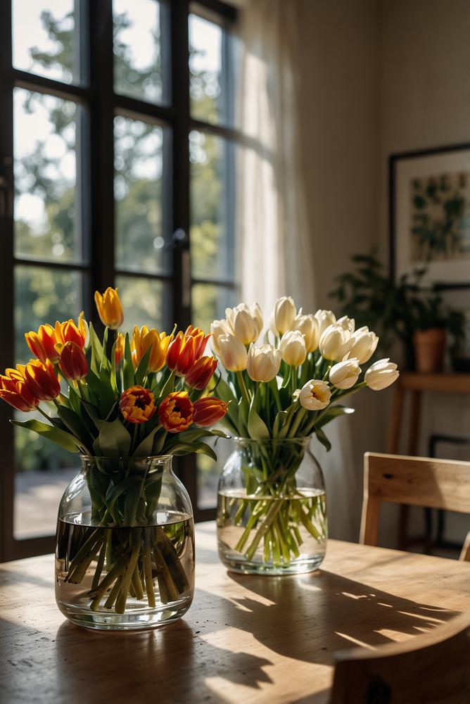 Essbereich mit heller saisonaler Blumendeko auf dem Tisch