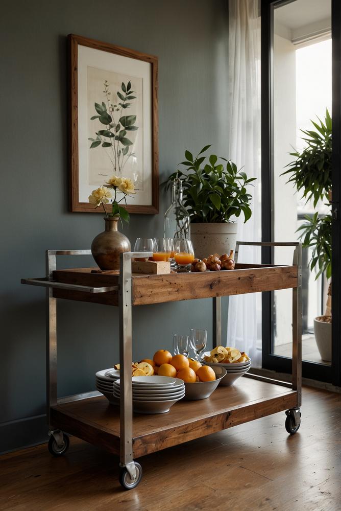 Essbereich mit hellem, stilvollem Servierwagen