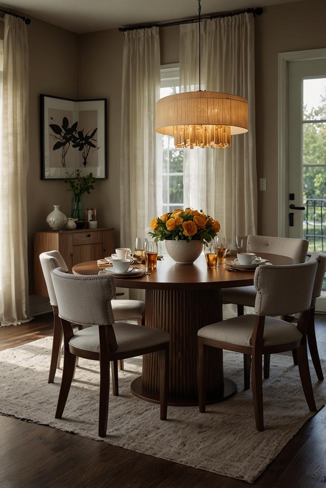 Heller Esstisch mit Lampe, Läufer und Stühlen in modernem Ambiente