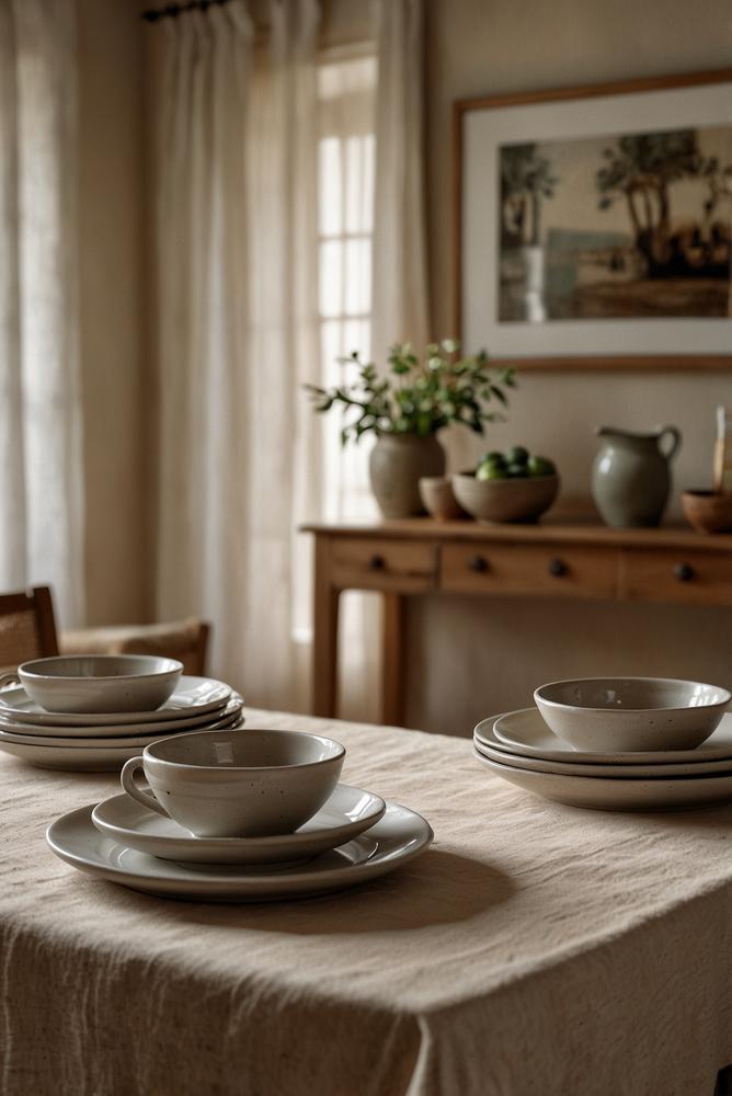 Helles Esszimmer mit Keramik und Leinen dekoriert