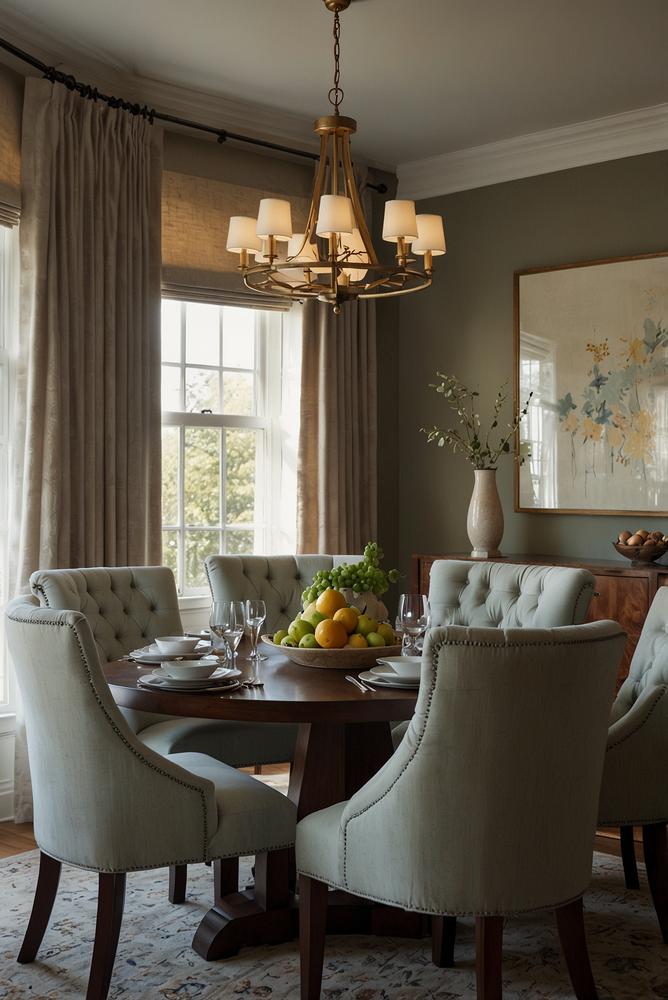 Neubezogene Esszimmerstuehle mit soften Polstern in hellem Esszimmer