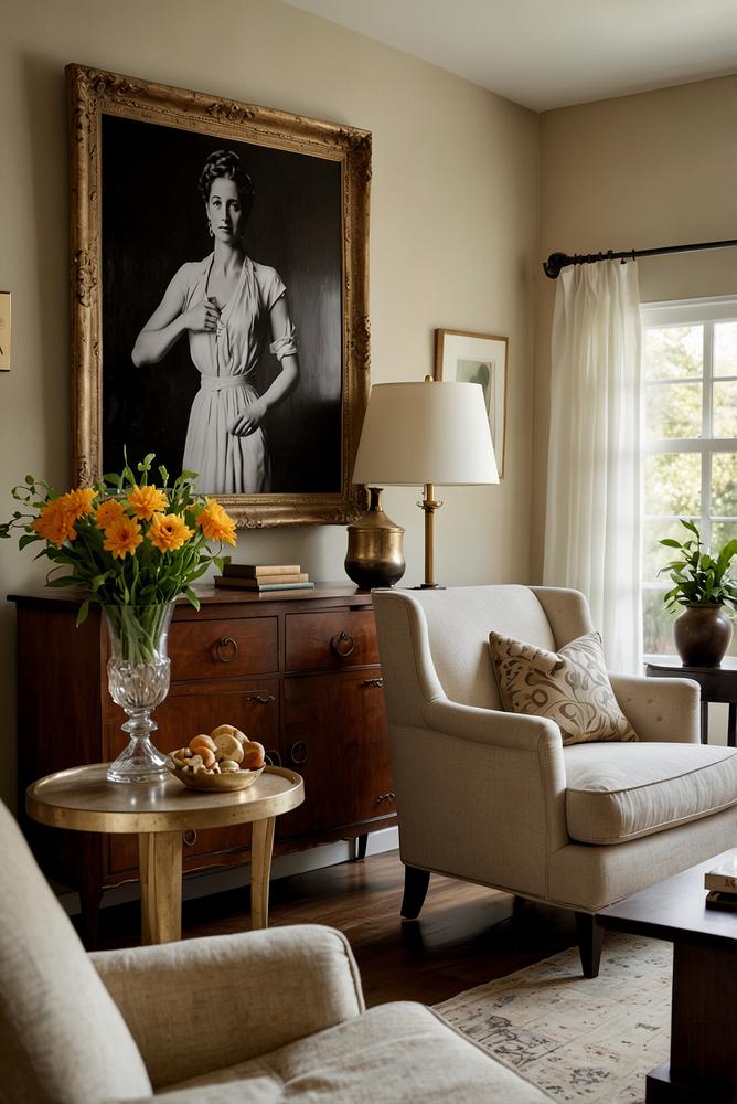 Helles Wohnzimmer mit Familien-Erbstücken als Dekoration