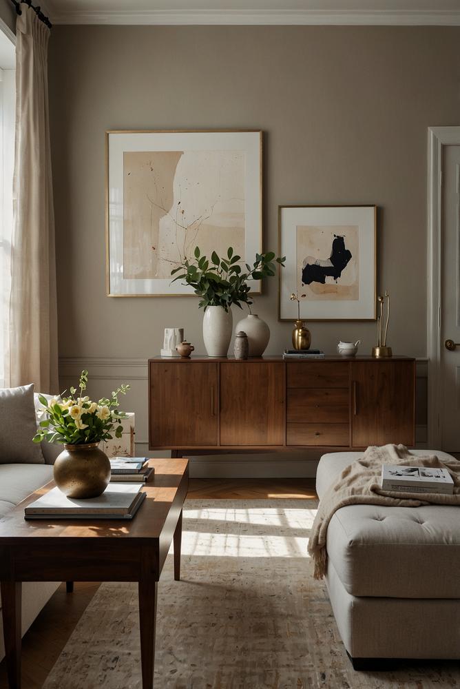 Helle moderne Einrichtung mit Familienerbstücken und Holzakzenten