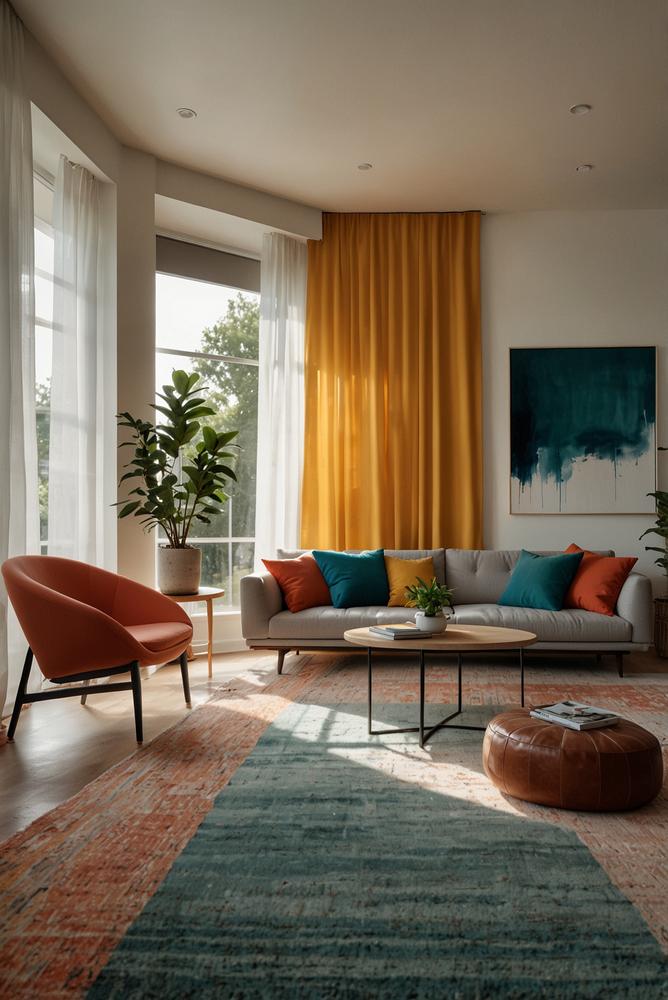 Helles, lichtdurchflutetes Wohnzimmer mit farbigen Raumteilern