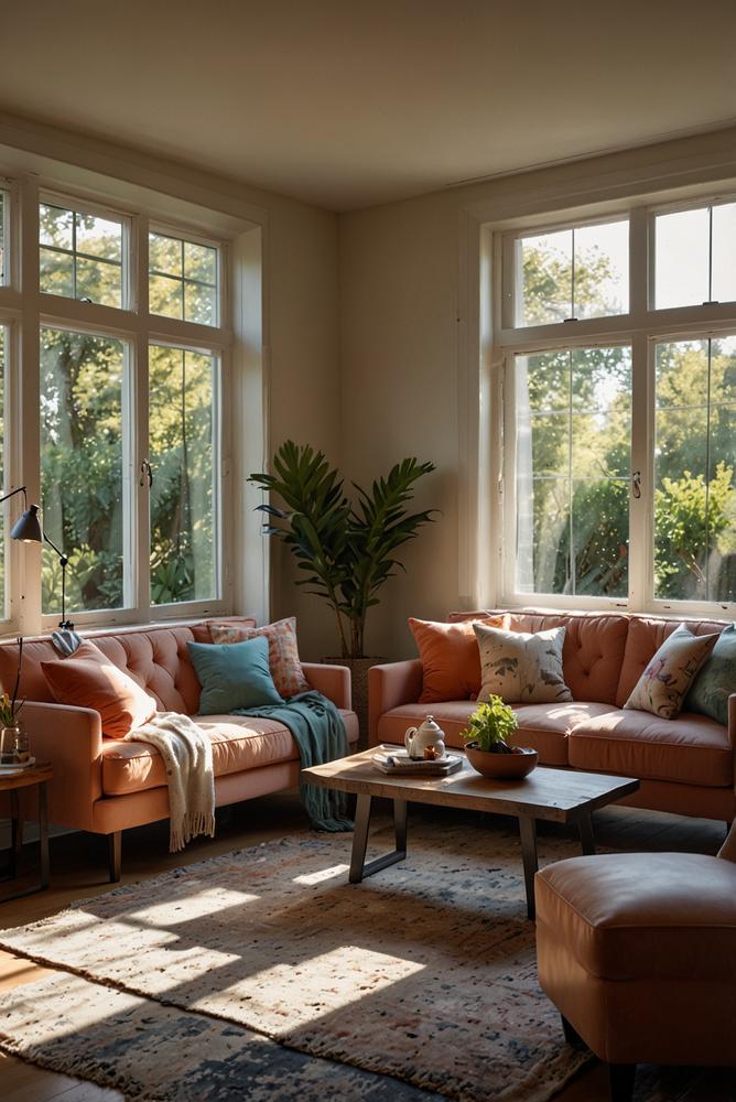 Helles Wohnzimmer mit Sofa, Kissen, Plaids und Teppich