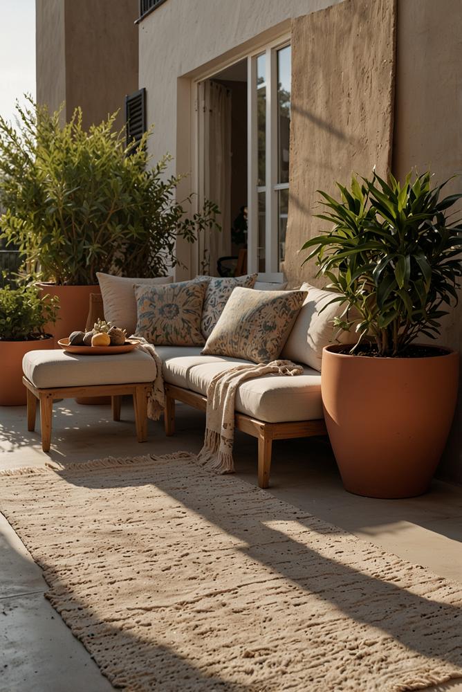 Heller, einladender Balkon mit Pflanzen und Deko