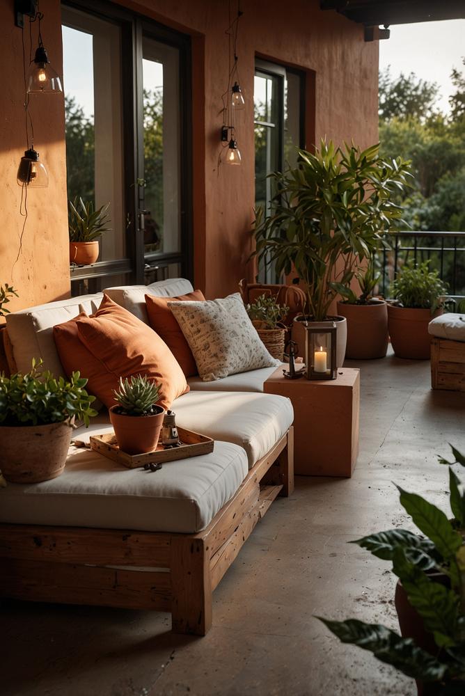 Heller Balkon mit farbigen Pflanzenuebeln und gemuetlichen Kissen