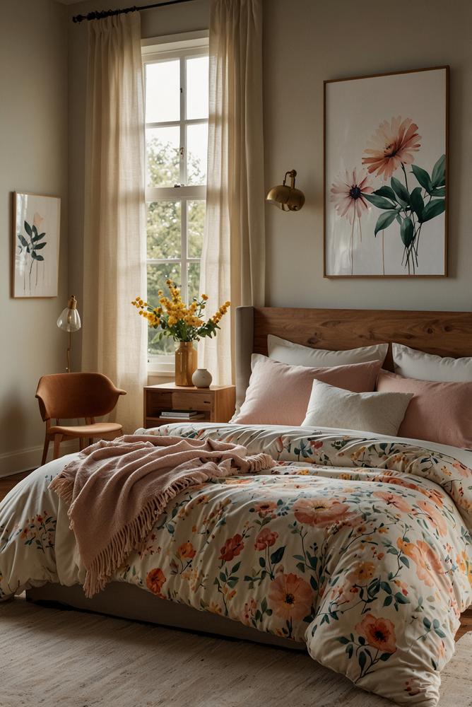 Helles Schlafzimmer mit pastellfarbener Bettwäsche und Holznachttischen