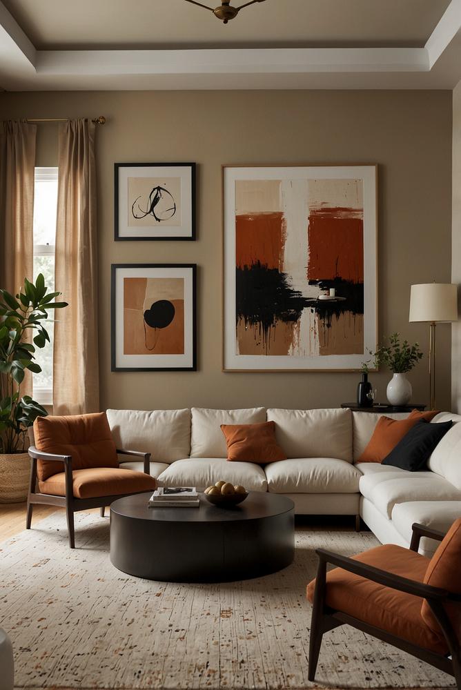 Stimmige Farbkombination mit Kunstwerke und Rahmen im Raum