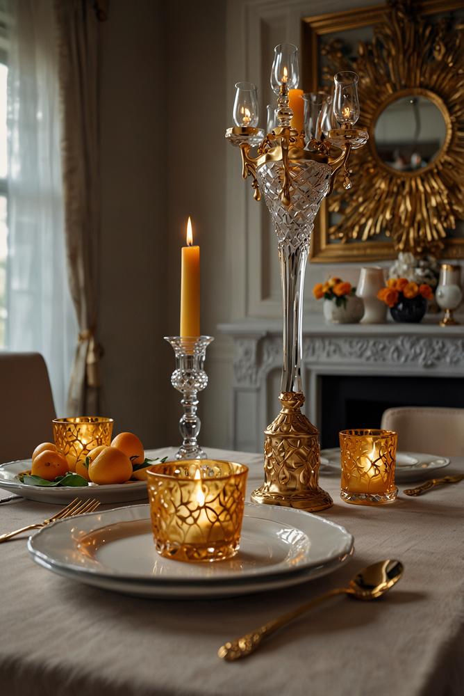 Festliche Tischdeko mit goldenen Akzenten und Gastgeschenk