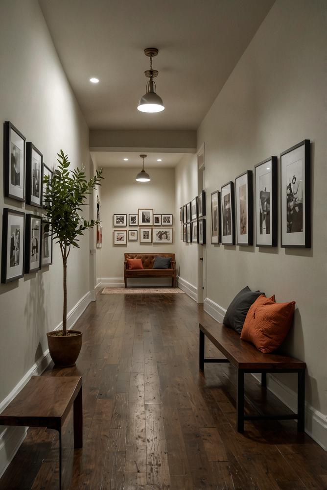 Hell beleuchteter Flur mit Bildergalerie und wechselnden Rahmen