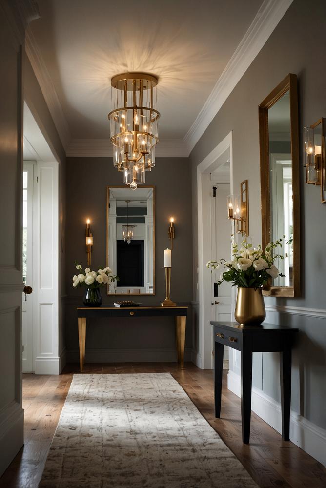 Heller Flur mit eleganter Pendelleuchte und Spiegel