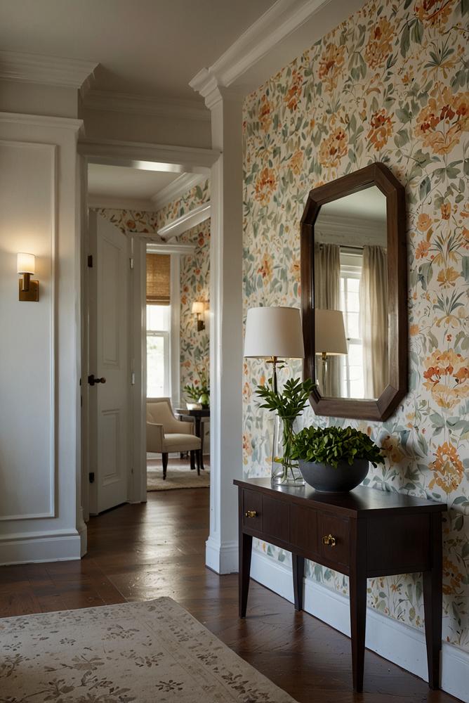 Flur mit gemusterter Tapete an Akzentwand hell und einladend