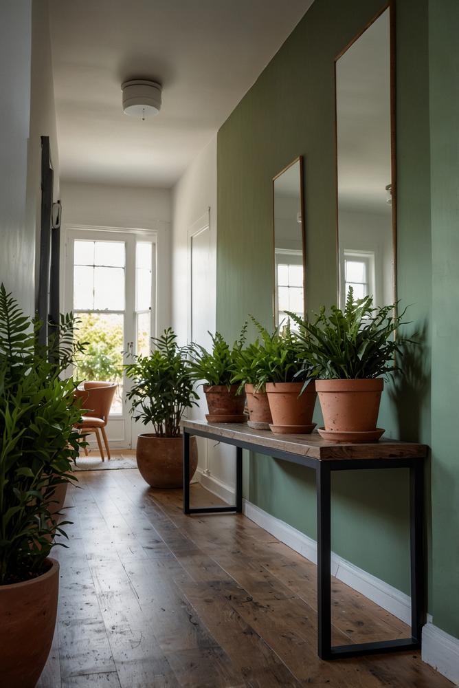 Heller moderner Flur mit großem Spiegel und grünen Pflanzen