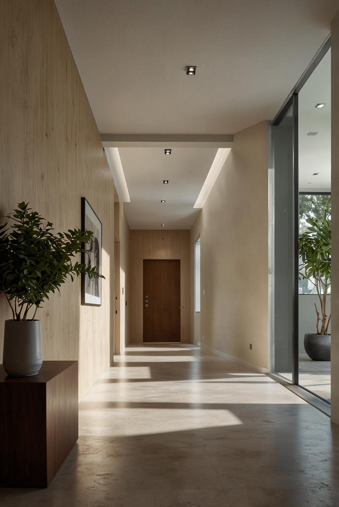 Heller moderner Flur mit smart-home-beleuchtung und bewegungsmelder