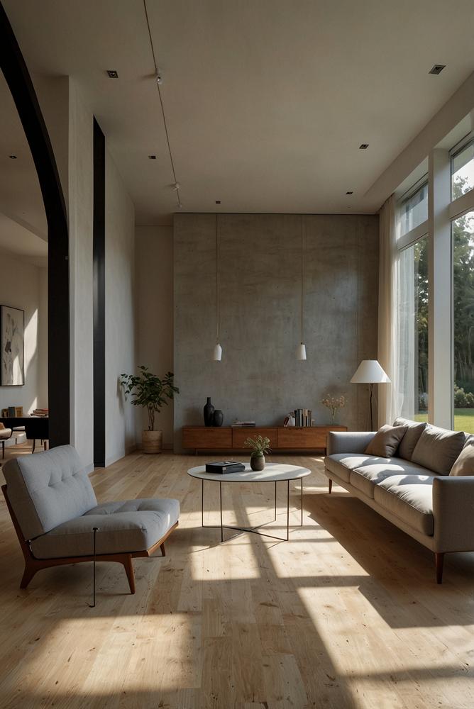 Helles, luftiges Wohnzimmer mit freien Flächen und minimalistischer Deko